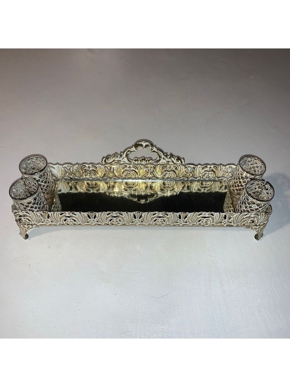 Unbranded white & Gold Filigree Mirrored Vanity Tray lipstick holder One Size
